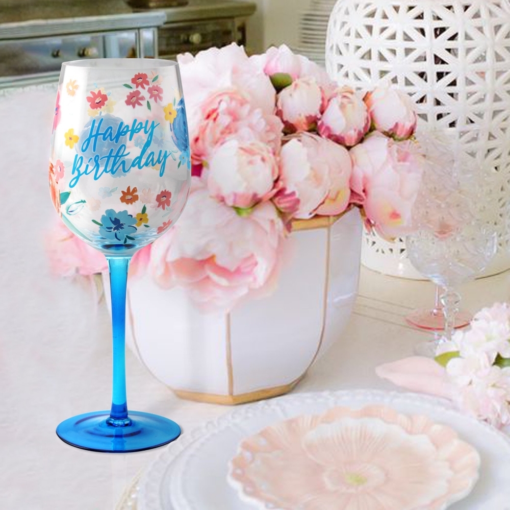 Last One! 🌺 New Pioneer Woman Floral Stem "Happy Birthday" Wine Glass, 15-Ounces